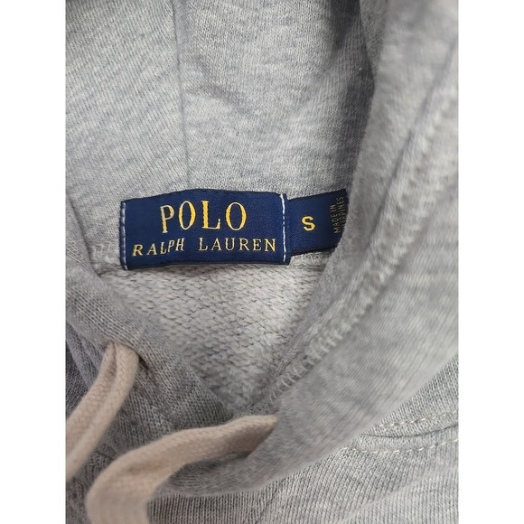VINTAGE Polo Ralph Lauren Hoodie Gray POLO Spellout Pullover Mens S - Picture 6 of 10